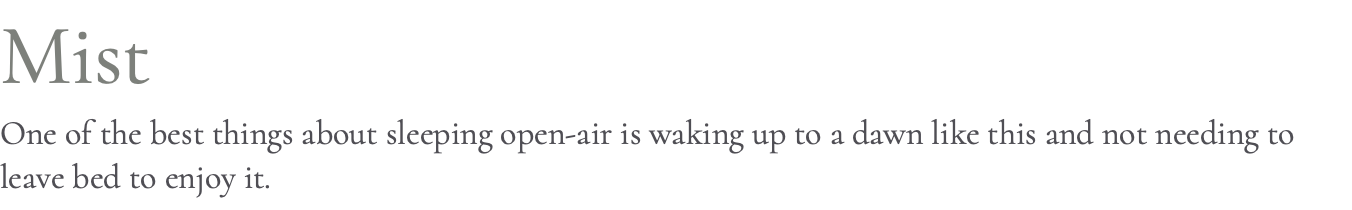 Mist One of the best things about sleeping open-air is waking up to a dawn like this and not needing to leave bed to enjoy it.